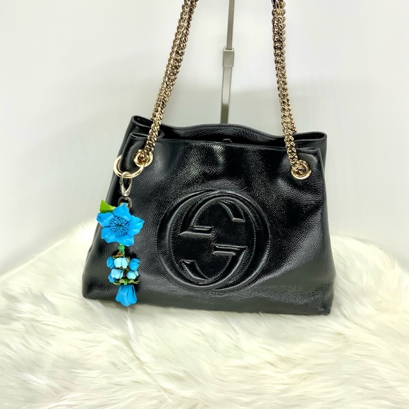 Auth GUCCI Tote Bag Soho Chain GG Black Leather Hand Bag & Leather Flower Charm - Picture 2 of 16